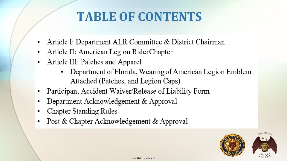 TABLE OF CONTENTS Classified - Confidential 