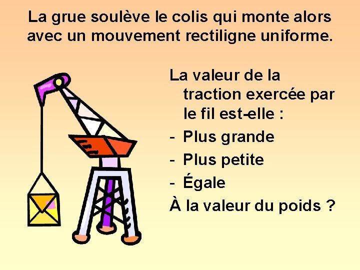 La grue soulève le colis qui monte alors avec un mouvement rectiligne uniforme. La