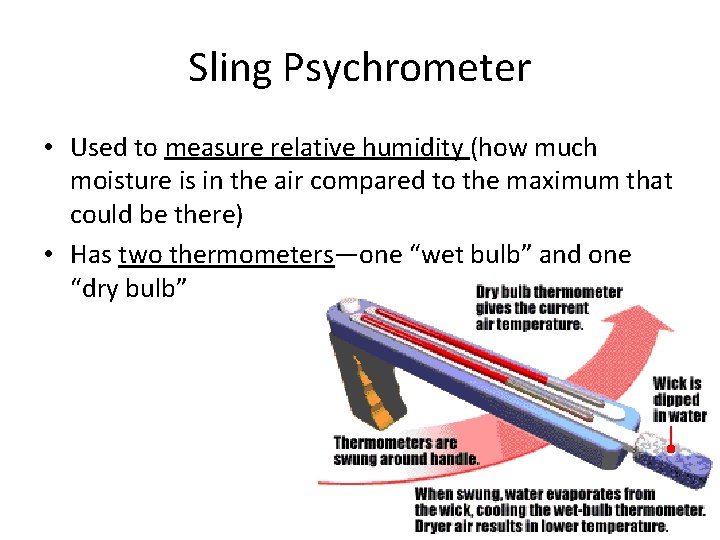 Sling Psychrometer • Used to measure relative humidity (how much moisture is in the