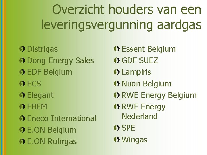 Overzicht houders van een leveringsvergunning aardgas Distrigas Dong Energy Sales EDF Belgium ECS Elegant