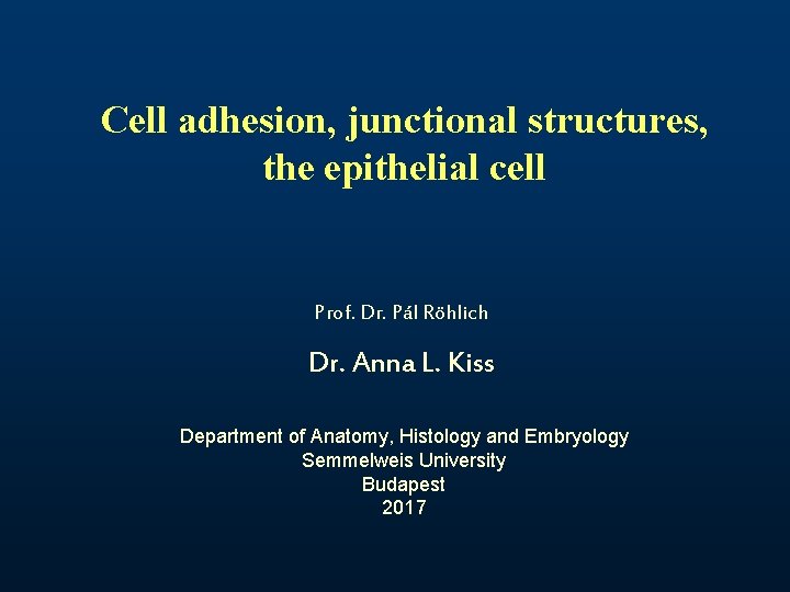 Cell adhesion, junctional structures, the epithelial cell Prof. Dr. Pál Röhlich Dr. Anna L. Cell adhesion, junctional structures, the epithelial cell Prof. Dr. Pál Röhlich Dr. Anna L.