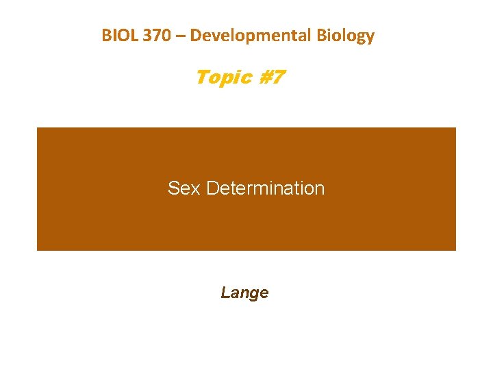 BIOL 370 – Developmental Biology Topic #7 Sex Determination Lange 