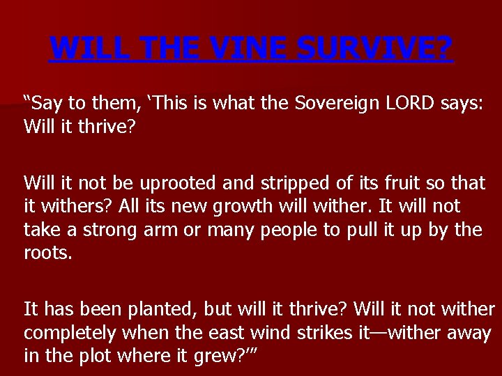 WILL THE VINE SURVIVE? “Say to them, ‘This is what the Sovereign LORD says: