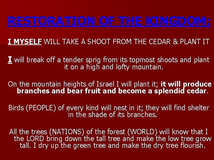 RESTORATION OF THE KINGDOM: I MYSELF WILL TAKE A SHOOT FROM THE CEDAR &