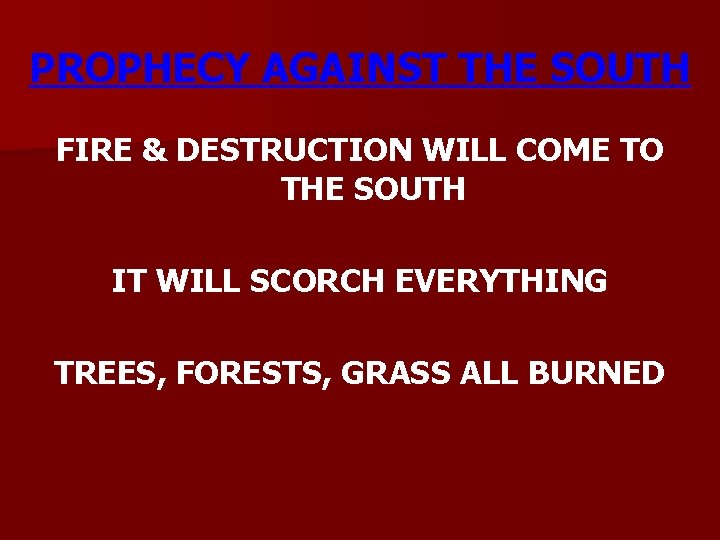PROPHECY AGAINST THE SOUTH FIRE & DESTRUCTION WILL COME TO THE SOUTH IT WILL