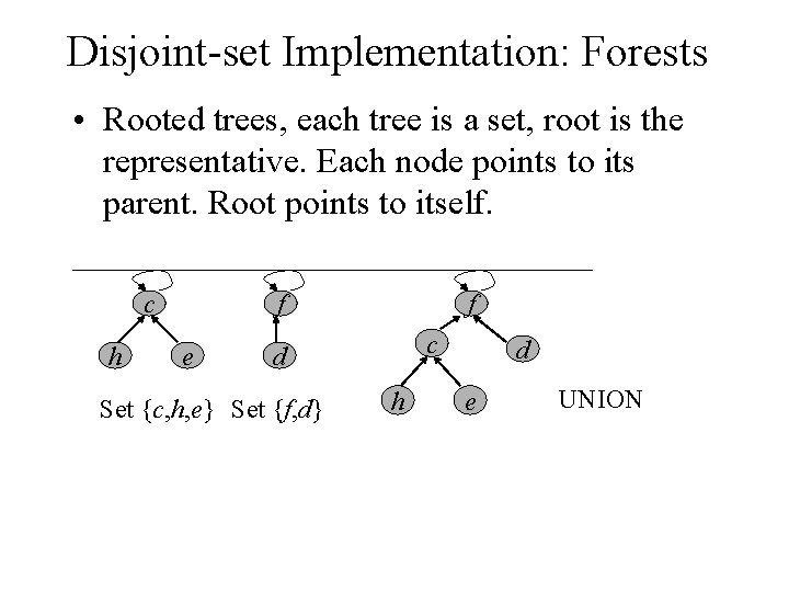 Disjoint-set Implementation: Forests • Rooted trees, each tree is a set, root is the