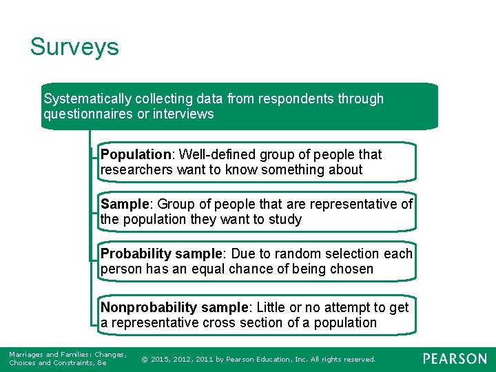 Surveys Systematically collecting data from respondents through questionnaires or interviews Population: Well-defined group of