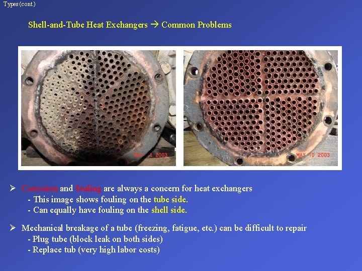 Types (cont. ) Shell-and-Tube Heat Exchangers Common Problems Ø Corrosion and fouling are always