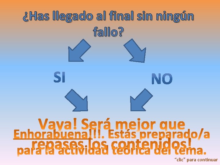 ¿Has llegado al final sin ningún fallo? “clic” para continuar 