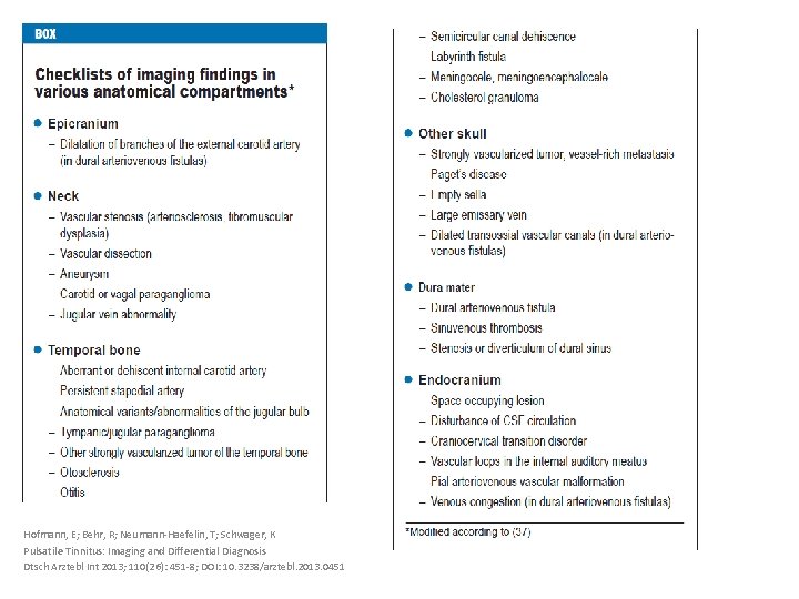 Hofmann, E; Behr, R; Neumann-Haefelin, T; Schwager, K Pulsatile Tinnitus: Imaging and Differential Diagnosis