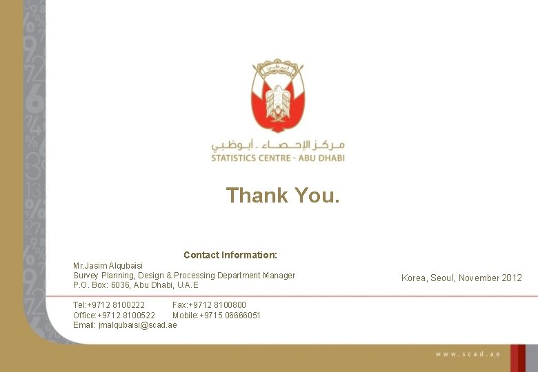 Thank You. Contact Information: Mr. Jasim Alqubaisi Survey Planning, Design & Processing Department Manager