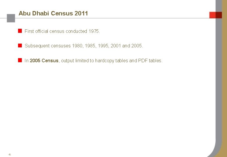 Abu Dhabi Census 2011 First official census conducted 1975. Subsequent censuses 1980, 1985, 1995,
