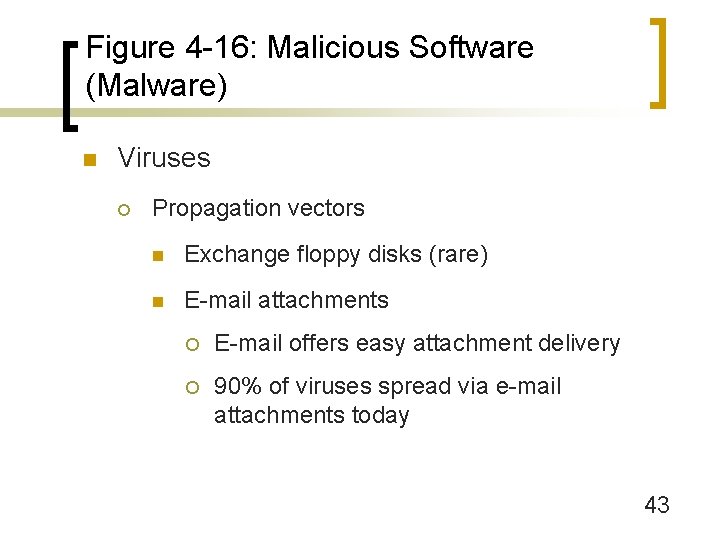 Figure 4 -16: Malicious Software (Malware) n Viruses ¡ Propagation vectors n Exchange floppy