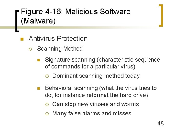 Figure 4 -16: Malicious Software (Malware) n Antivirus Protection ¡ Scanning Method n Signature