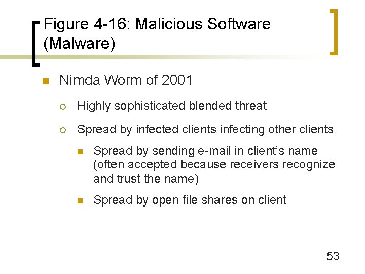 Figure 4 -16: Malicious Software (Malware) n Nimda Worm of 2001 ¡ Highly sophisticated