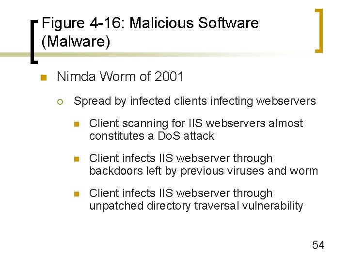Figure 4 -16: Malicious Software (Malware) n Nimda Worm of 2001 ¡ Spread by