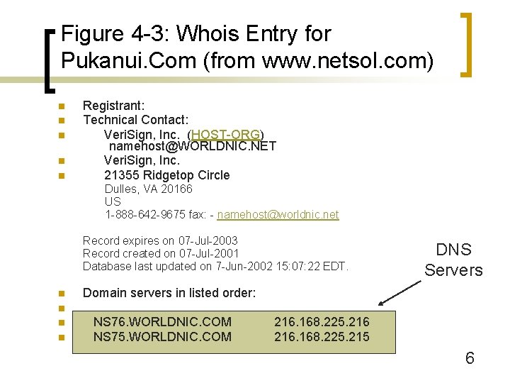 Figure 4 -3: Whois Entry for Pukanui. Com (from www. netsol. com) n n