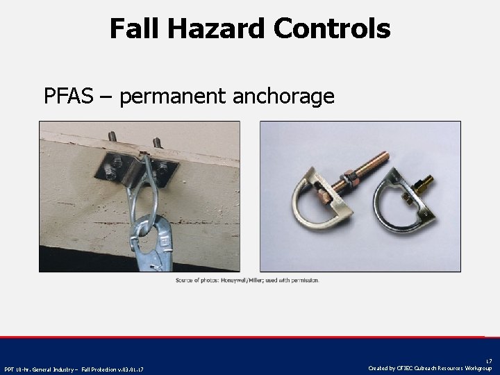 Fall Hazard Controls PFAS – permanent anchorage PPT 10 -hr. General Industry – Fall