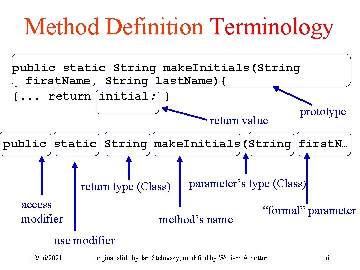 Method Definition Terminology public static String make. Initials(String first. Name, String last. Name){ {.