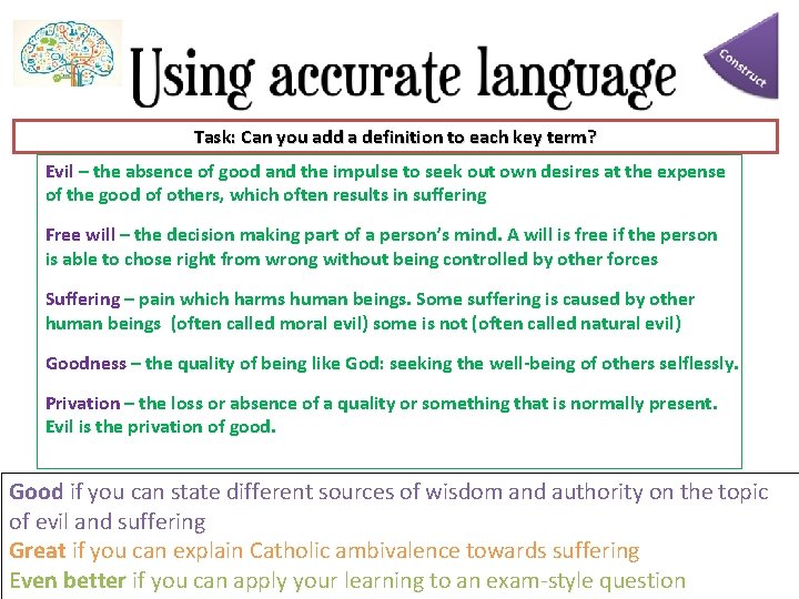 Task: Can you add a definition to each key term? Evil – the absence