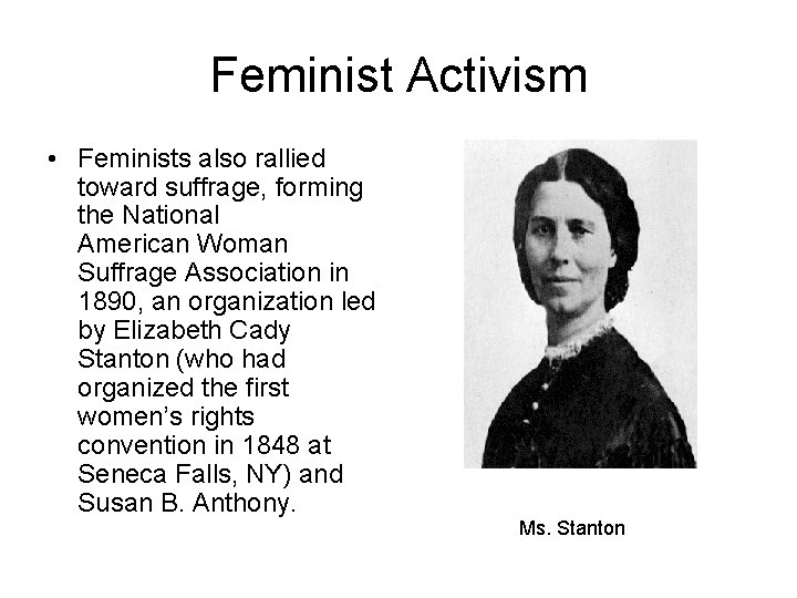 Feminist Activism • Feminists also rallied toward suffrage, forming the National American Woman Suffrage