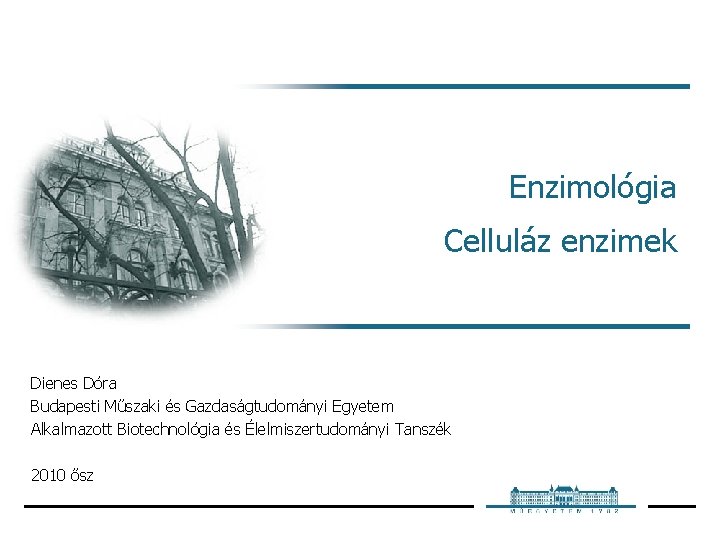Enzimológia Celluláz enzimek Dienes Dóra Budapesti Műszaki és Gazdaságtudományi Egyetem Alkalmazott Biotechnológia és Élelmiszertudományi