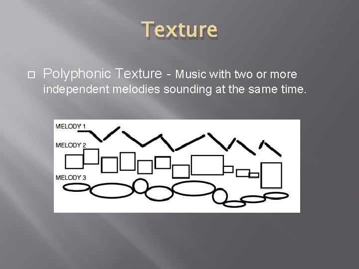 Texture Polyphonic Texture - Music with two or more independent melodies sounding at the