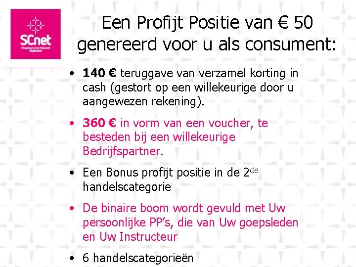 Een Profijt Positie van € 50 genereerd voor u als consument: • 140 €