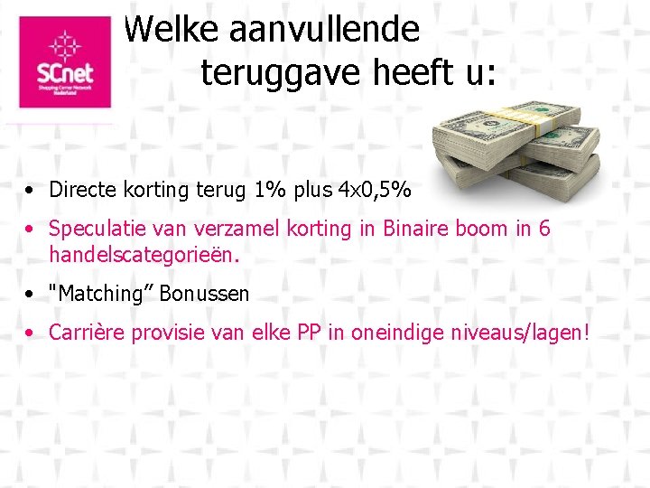 Welke aanvullende teruggave heeft u: • Directe korting terug 1% plus 4 x 0,