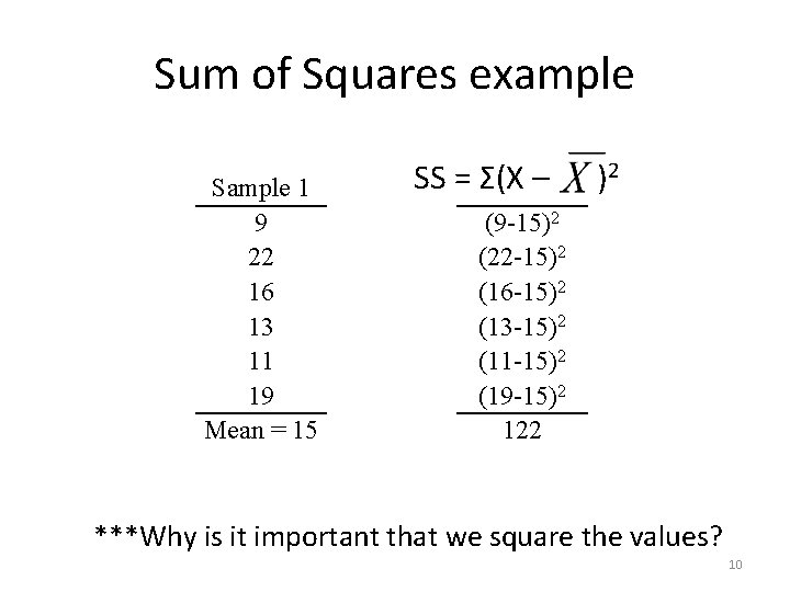 Sum of Squares example Sample 1 9 22 16 13 11 19 Mean =