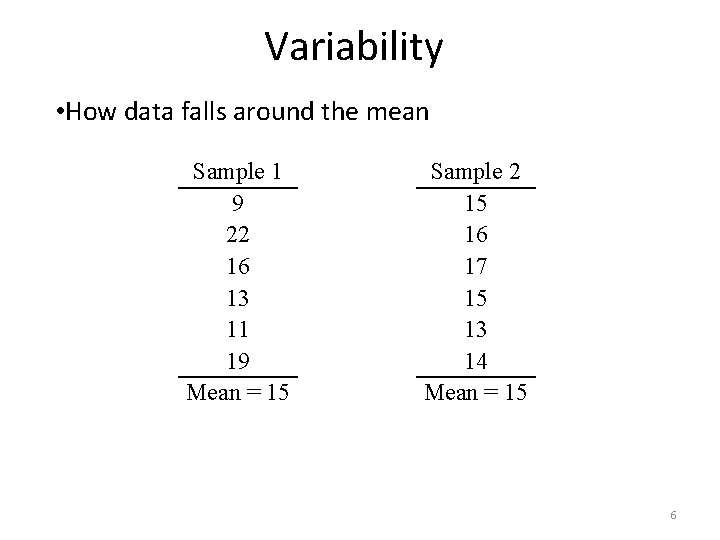 Variability • How data falls around the mean Sample 1 9 22 16 13