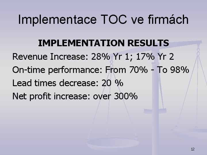 Implementace TOC ve firmách IMPLEMENTATION RESULTS Revenue Increase: 28% Yr 1; 17% Yr 2