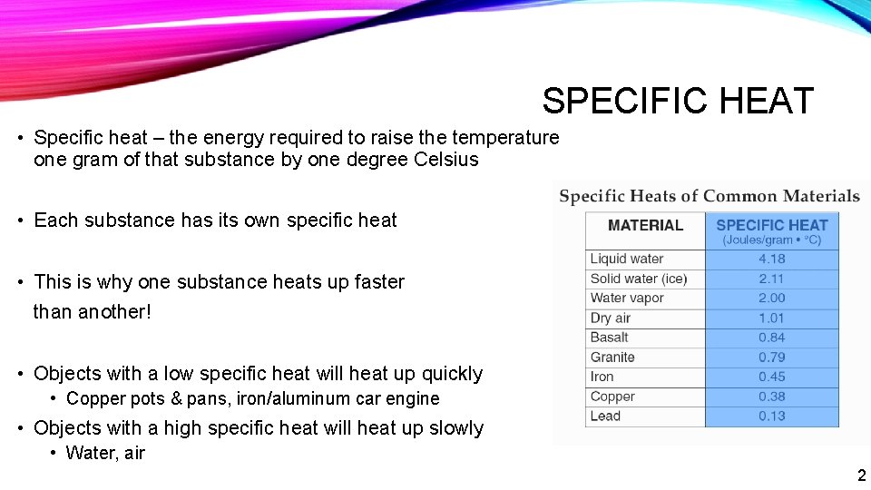 SPECIFIC HEAT • Specific heat – the energy required to raise the temperature one