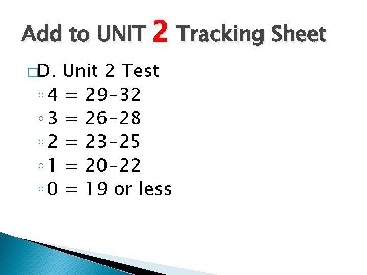 Add to UNIT 2 Tracking Sheet �D. Unit 2 Test ◦ 4 = 29