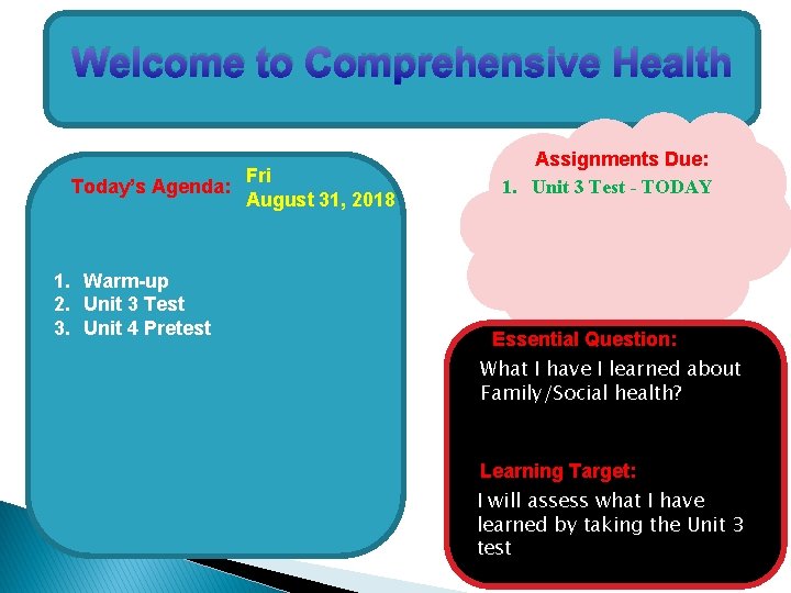 Welcome to Comprehensive Health Today’s Agenda: 1. Warm-up 2. Unit 3 Test 3. Unit