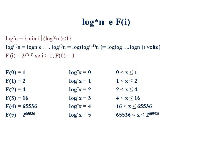 log*n e F(i) log*n = min i (log(i)n )≤ 1 log(1)n = logn e