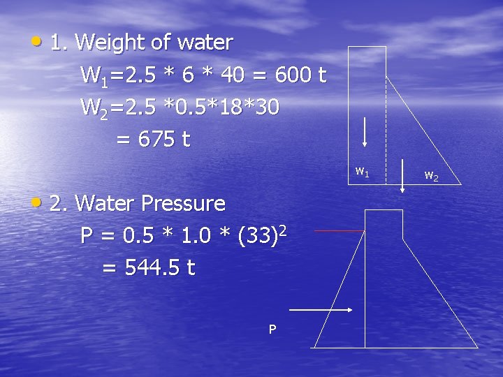 • 1. Weight of water W 1=2. 5 * 6 * 40 =