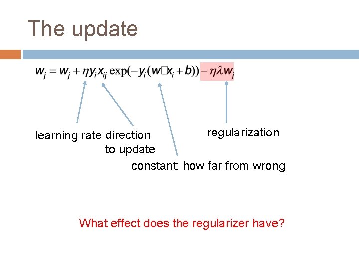 The update regularization learning rate direction to update constant: how far from wrong What