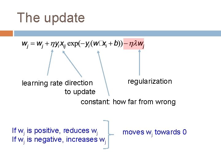 The update regularization learning rate direction to update constant: how far from wrong If