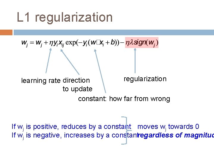 L 1 regularization learning rate direction to update constant: how far from wrong If