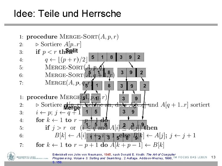 Idee: Teile und Herrsche Entwickelt von John von Neumann, 1945, nach Donald E. Knuth: