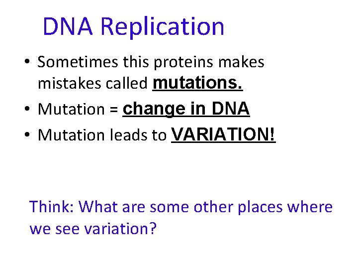 DNA Replication • Sometimes this proteins makes mistakes called mutations. • Mutation = change