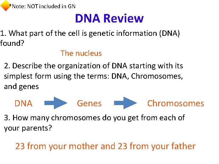 *Note: NOT included in GN DNA Review 1. What part of the cell is