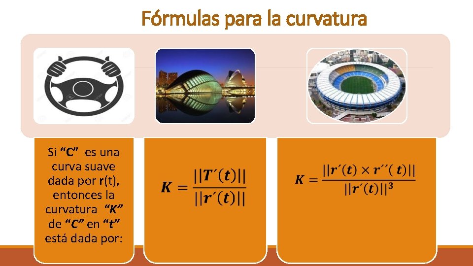 Fórmulas para la curvatura Si “C” es una curva suave dada por r(t), entonces