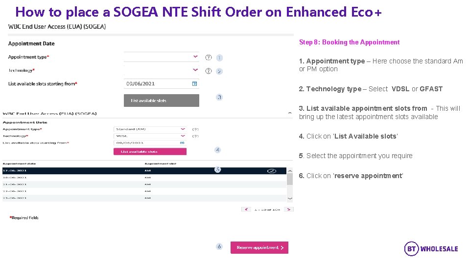 How to place a SOGEA NTE Shift Order on Enhanced Eco+ Step 8: Booking