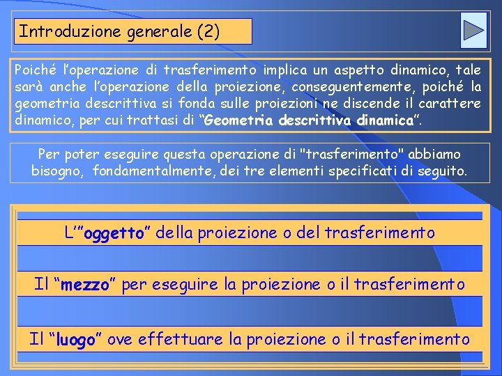 Introduzione generale (2) Poiché l’operazione di trasferimento implica un aspetto dinamico, tale sarà anche