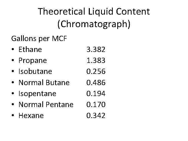 Theoretical Liquid Content (Chromatograph) Gallons per MCF • Ethane • Propane • Isobutane •