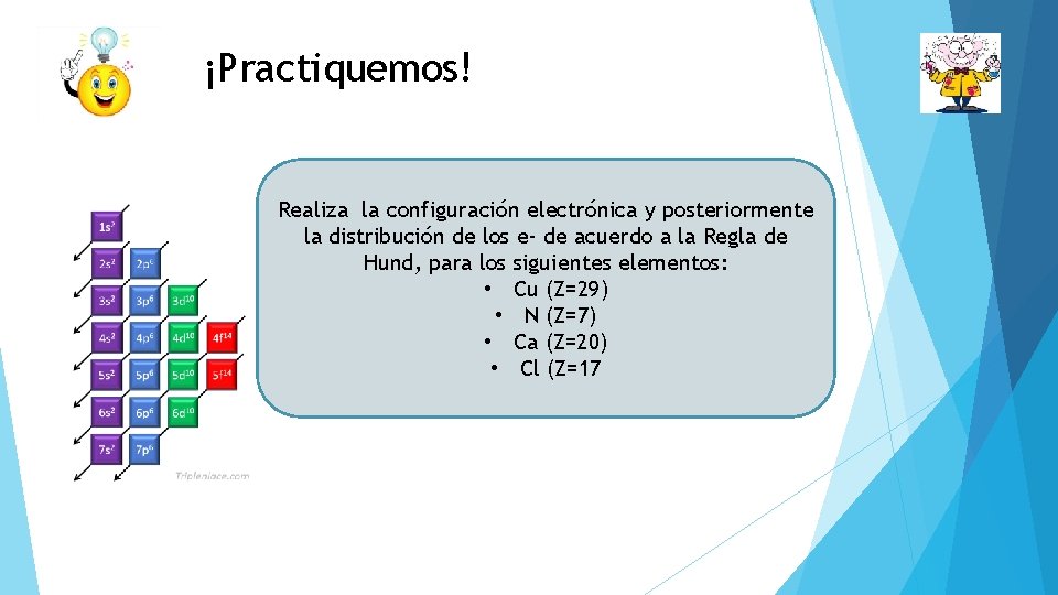 ¡Practiquemos! Realiza la configuración electrónica y posteriormente la distribución de los e- de acuerdo