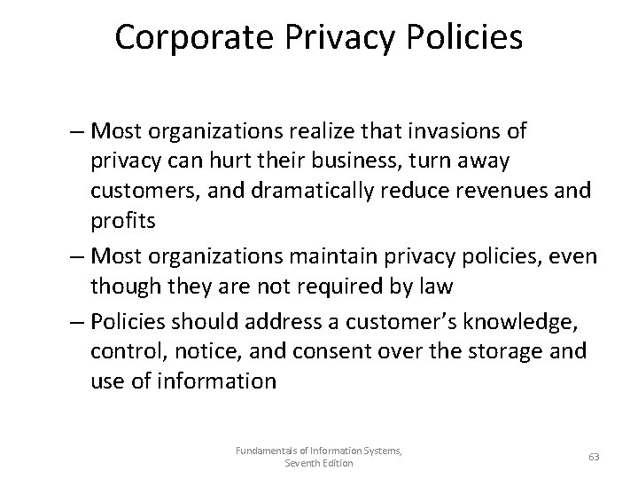 Corporate Privacy Policies – Most organizations realize that invasions of privacy can hurt their