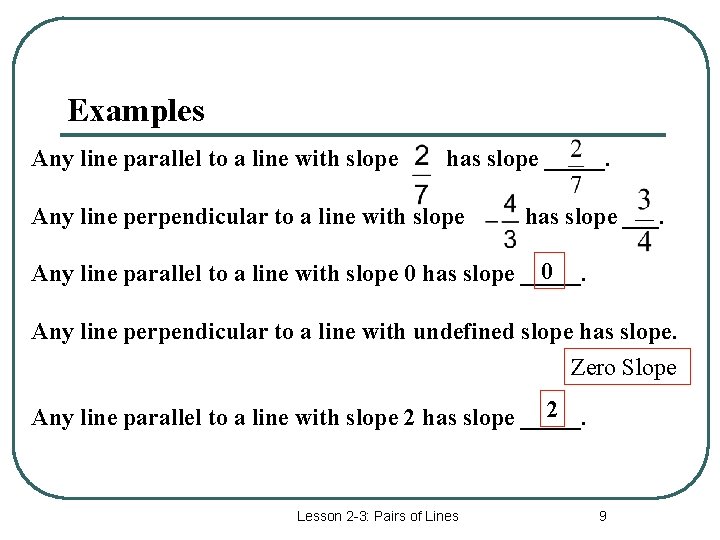 Examples Any line parallel to a line with slope has slope _____. Any line